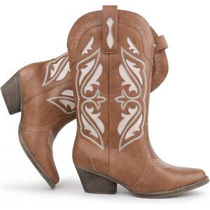 🆕Women's Brown Embroidered Pointed Toe Block Heel Cowgirl Western Booties
